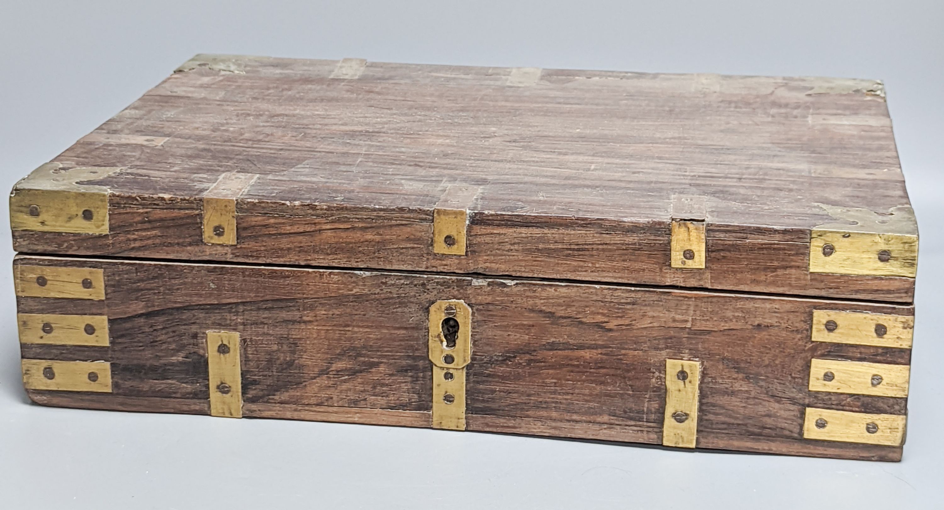 Two Anglo Indian brass and rosewood Anglo writing boxes, largest 43 cm
